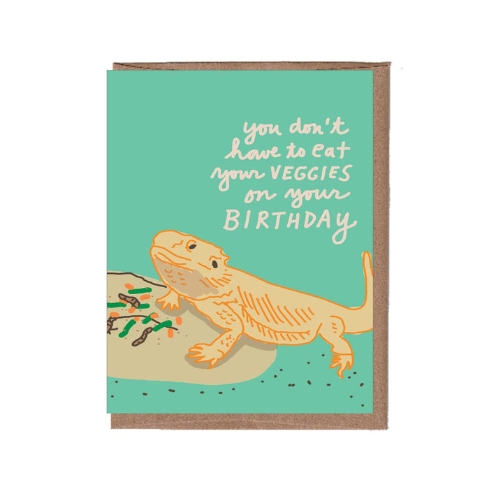 Birthday card with a bearded dragon illustration and humorous text on a teal background
