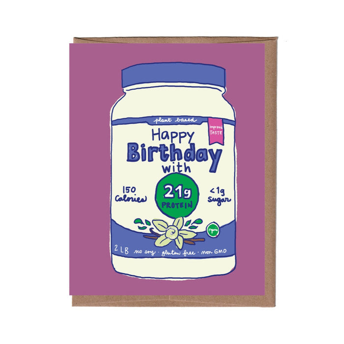 Card with a protein powder container design on a purple background